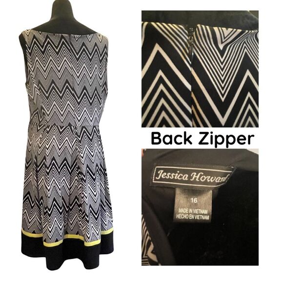 Jessica Howard Black and White Chevron Midi Dress with Yellow Accents - Picture 2 of 8